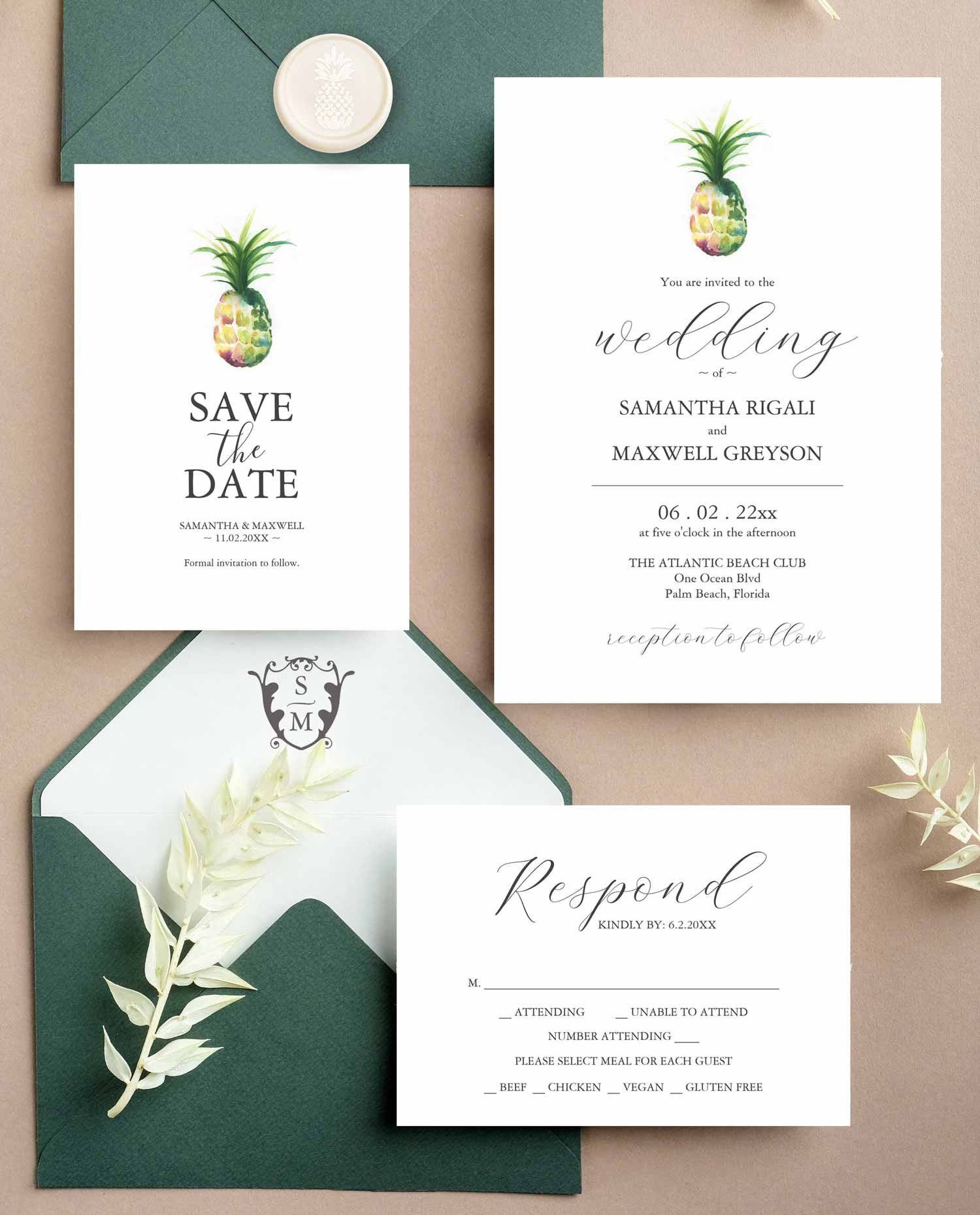 Destination wedding invitation theme features unique watercolor pineapple art and design by Victoria Grigaliunas of Do Tell A Belle. Click to shop the complete line.