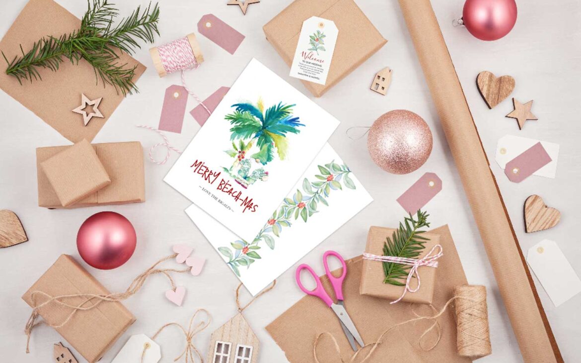 DIY Christmas cards feature printable cards with unique watercolor art by Victoria Grigaliunas of Do Tell A Belle. Click to shop the complete line.
