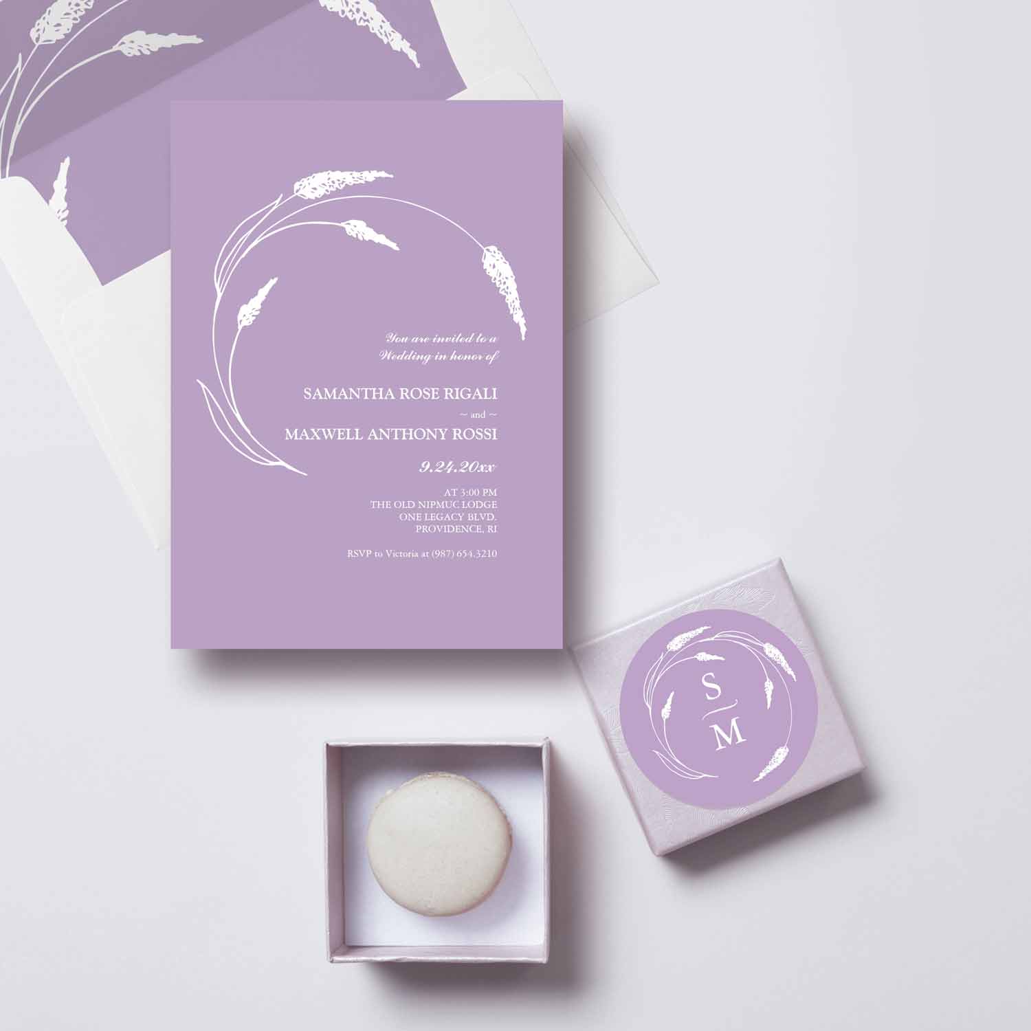 DIY lavender wedding favors features monogram sticker
