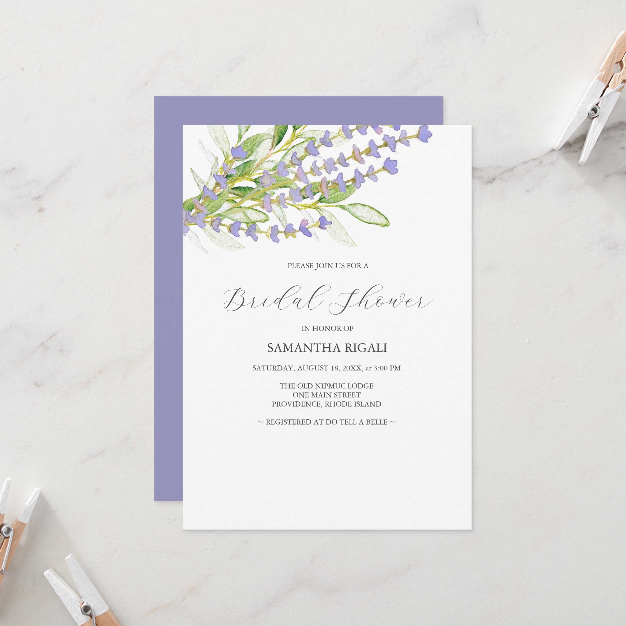 Purple bridal shower invitations features unique lavender watercolor art by Victoria Grigaliunas. Click to shop.