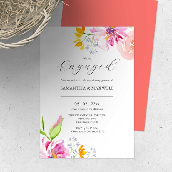 Engagement party invitations feature unique watercolor floral art by Victoria Grigalunas of Do Tell A Belle. Order online.