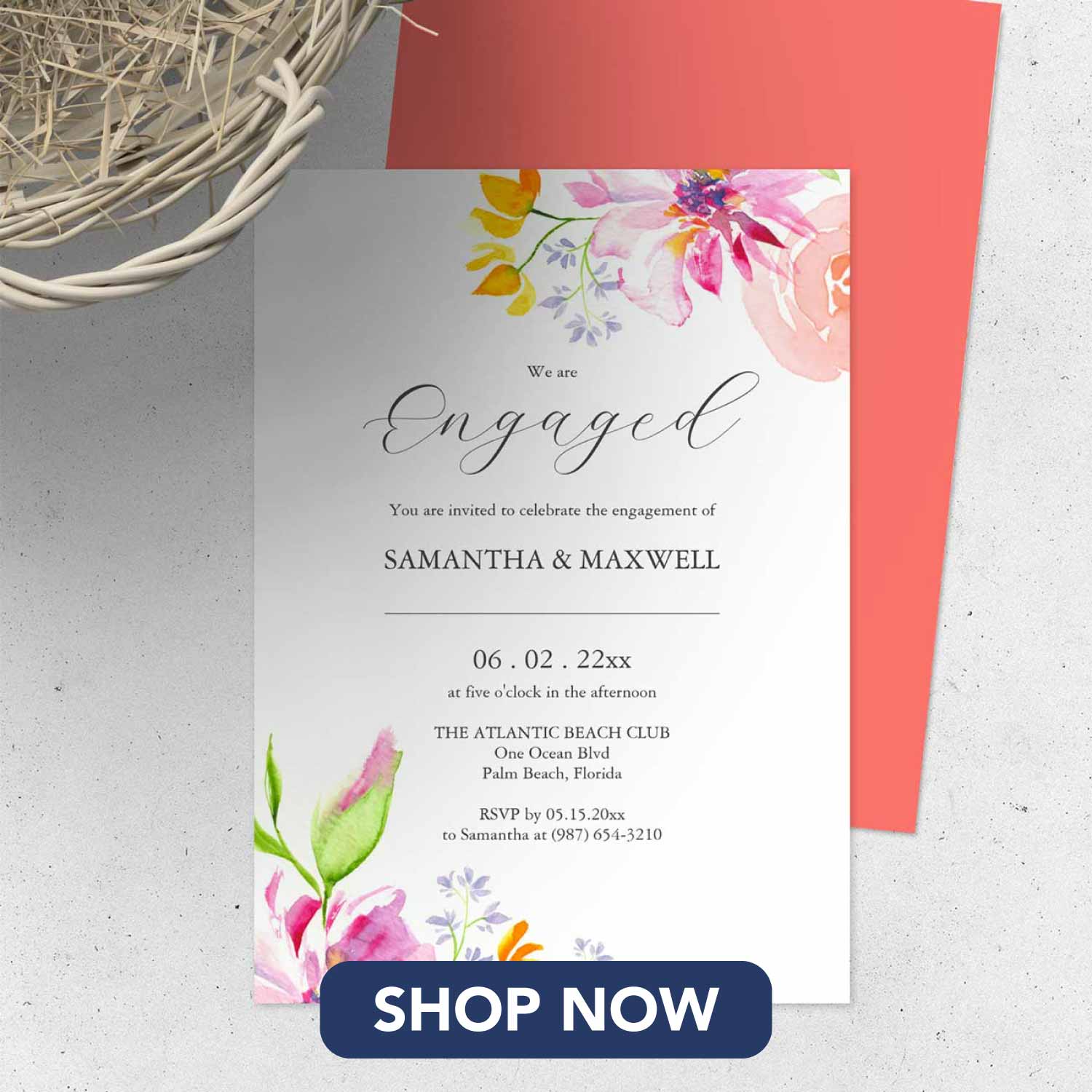 Engagement party invitations features unique floral watercolor art by Victoria Grigaliunas of Do Tell A Belle