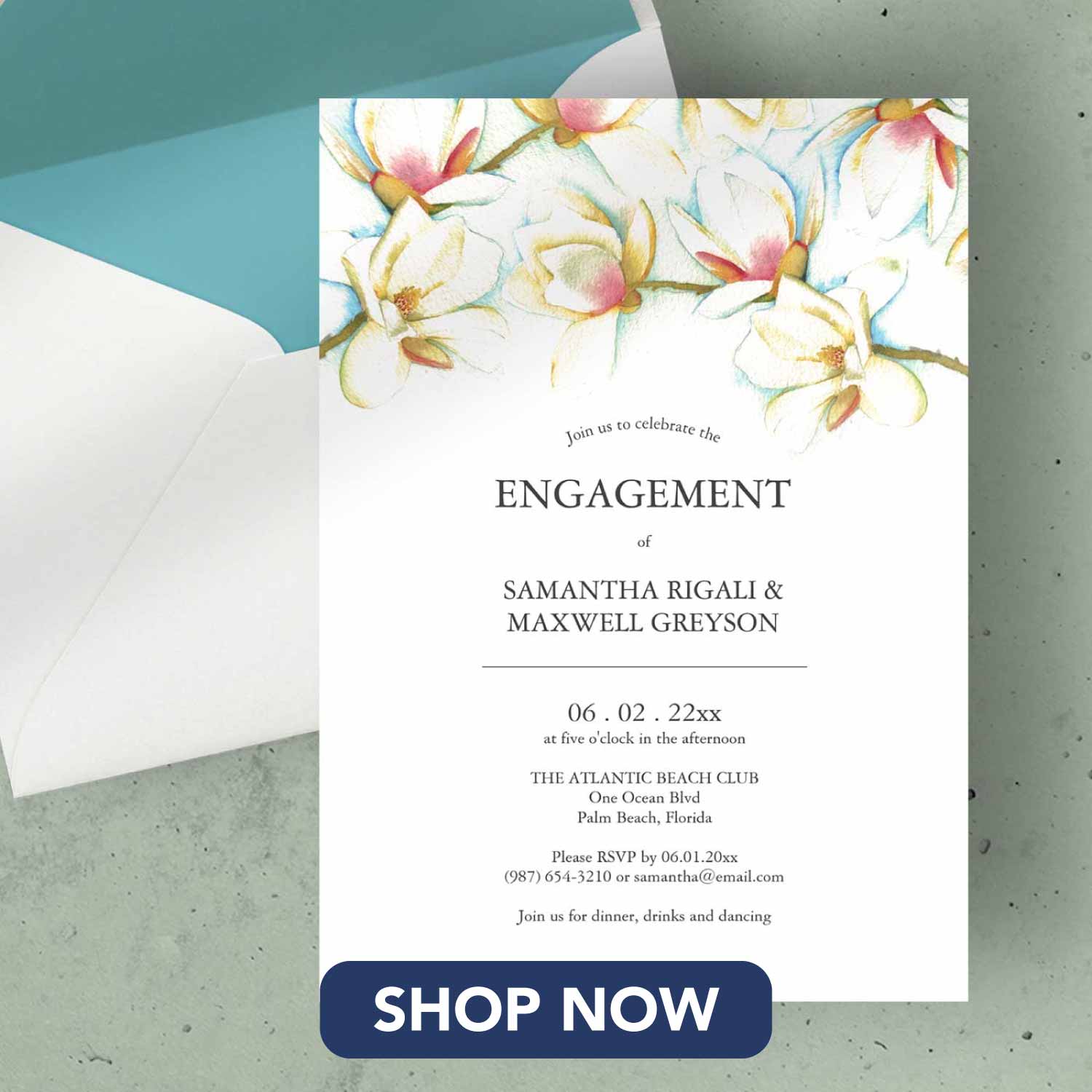 Floral engagement party invitations feature white magnolia flower watercolor art by Victoria Grigaliunas of Do Tell A Belle
