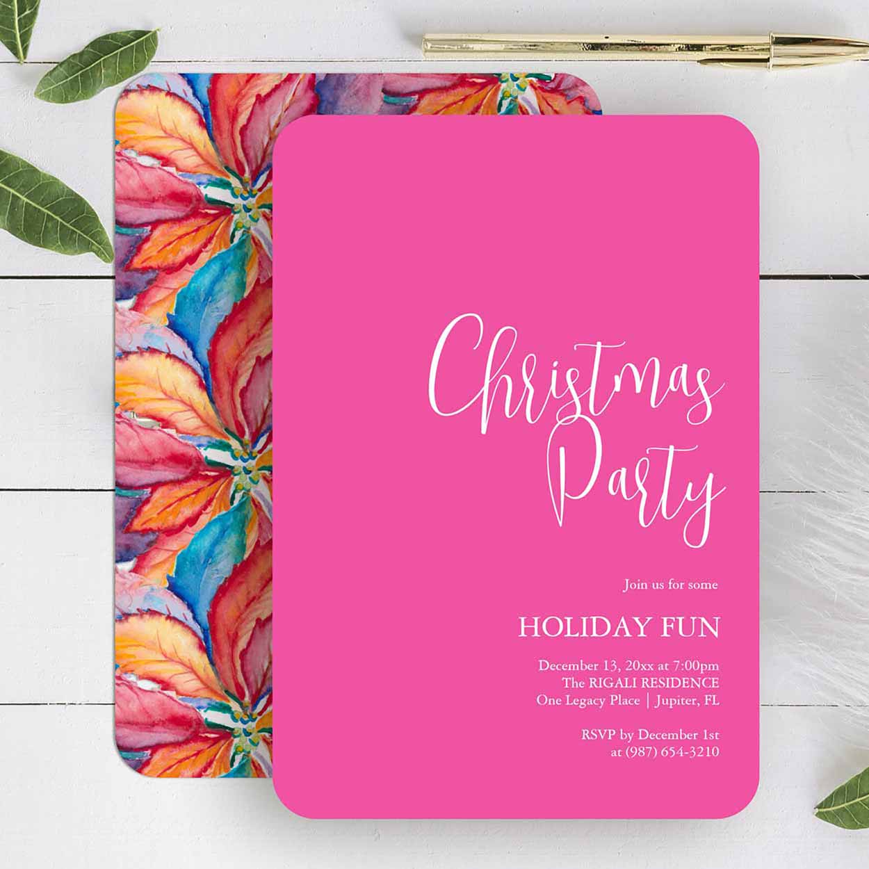 Unique pink Christmas party invitations. Click to shop