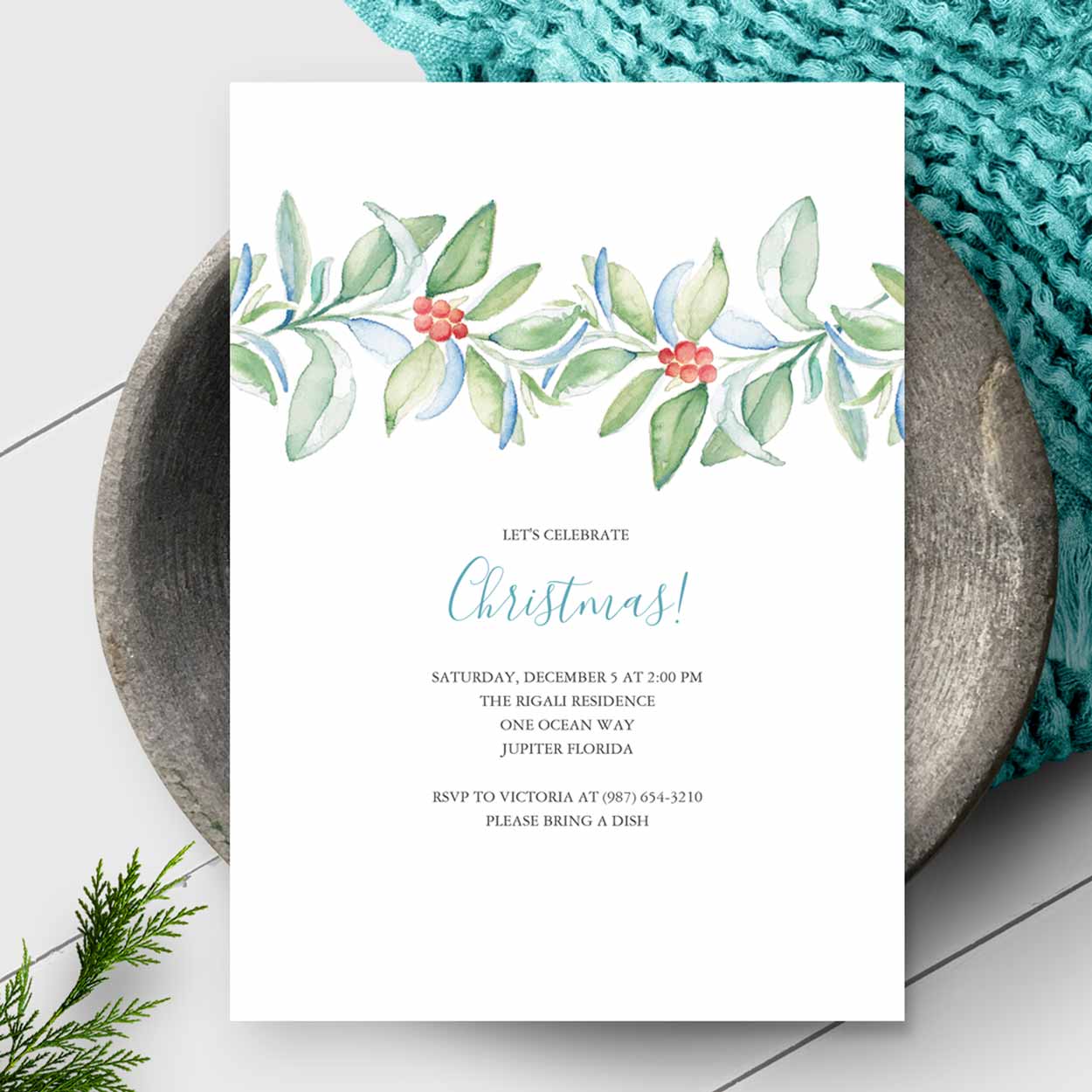 Christmas party invitations featuring unique watercolor art by Victoria Grigaliunas of Do Tell A Belle. Click to shop