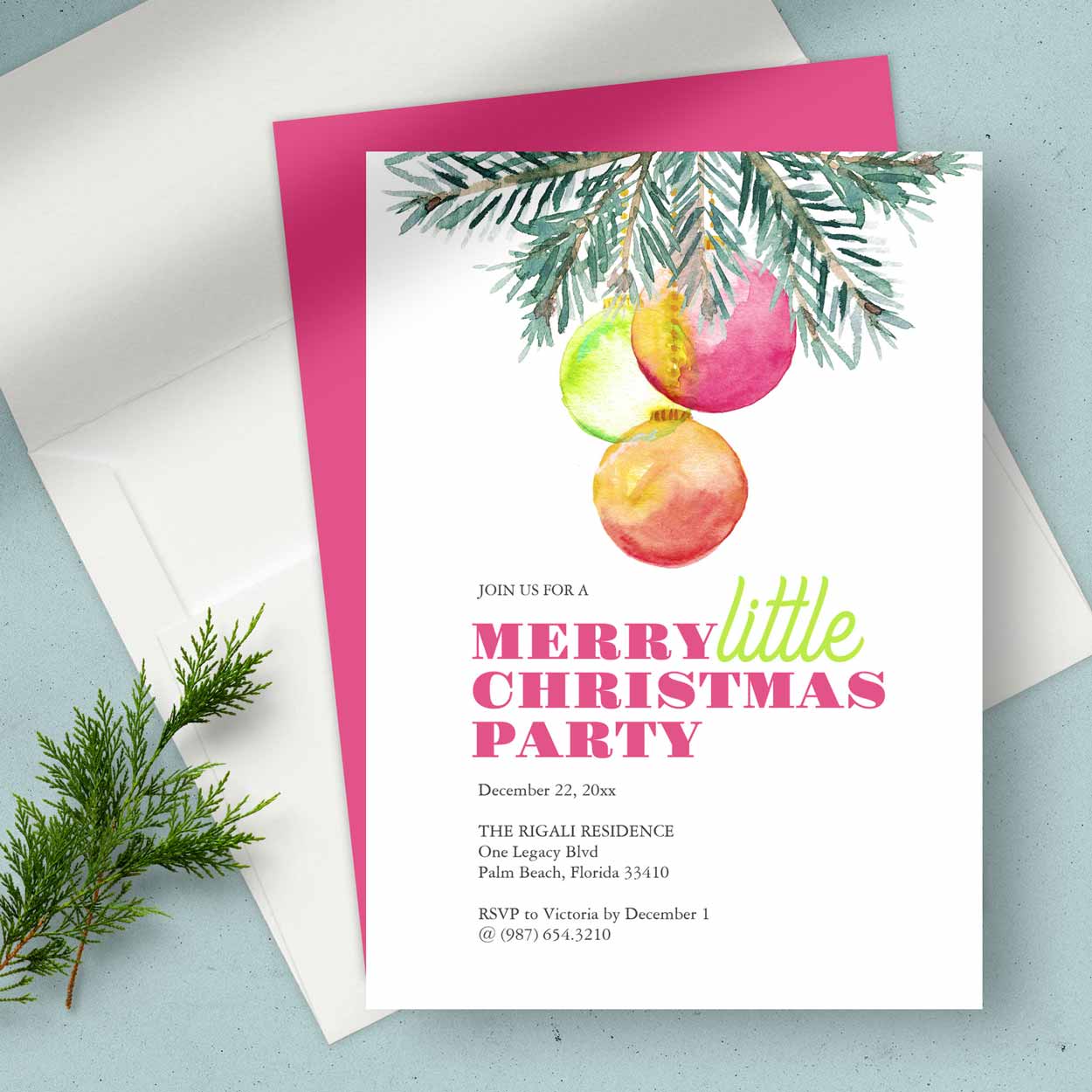 Christmas party invitations featuring unique colorful watercolor art by Victoria Grigaliunas of Do Tell A Belle. Click to shop