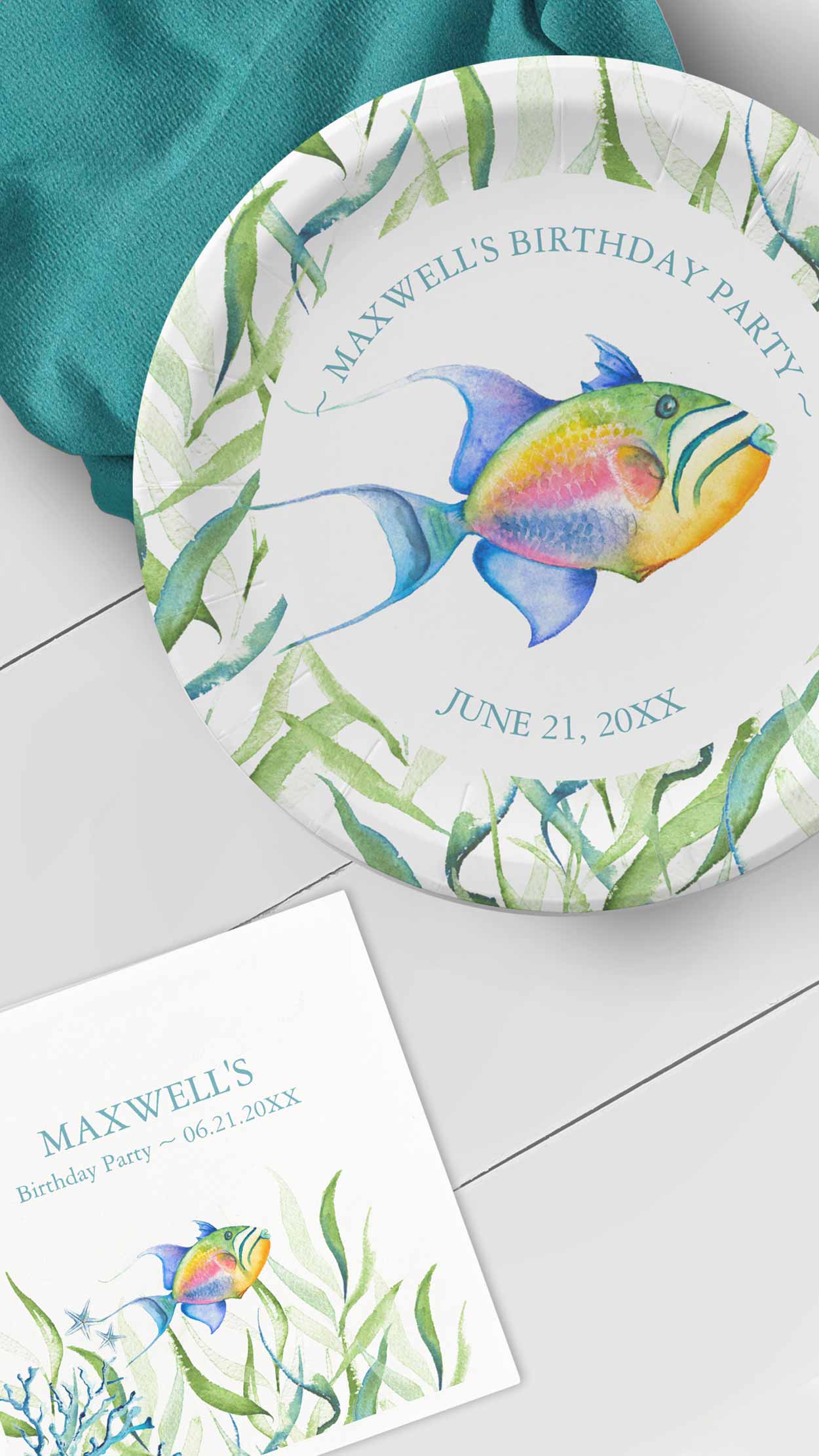 kids 3rd birthday party ideas features unique watercolor tropical fish design by Victoria Grigaliunas of Do Tell A Belle. Click to shop more. 