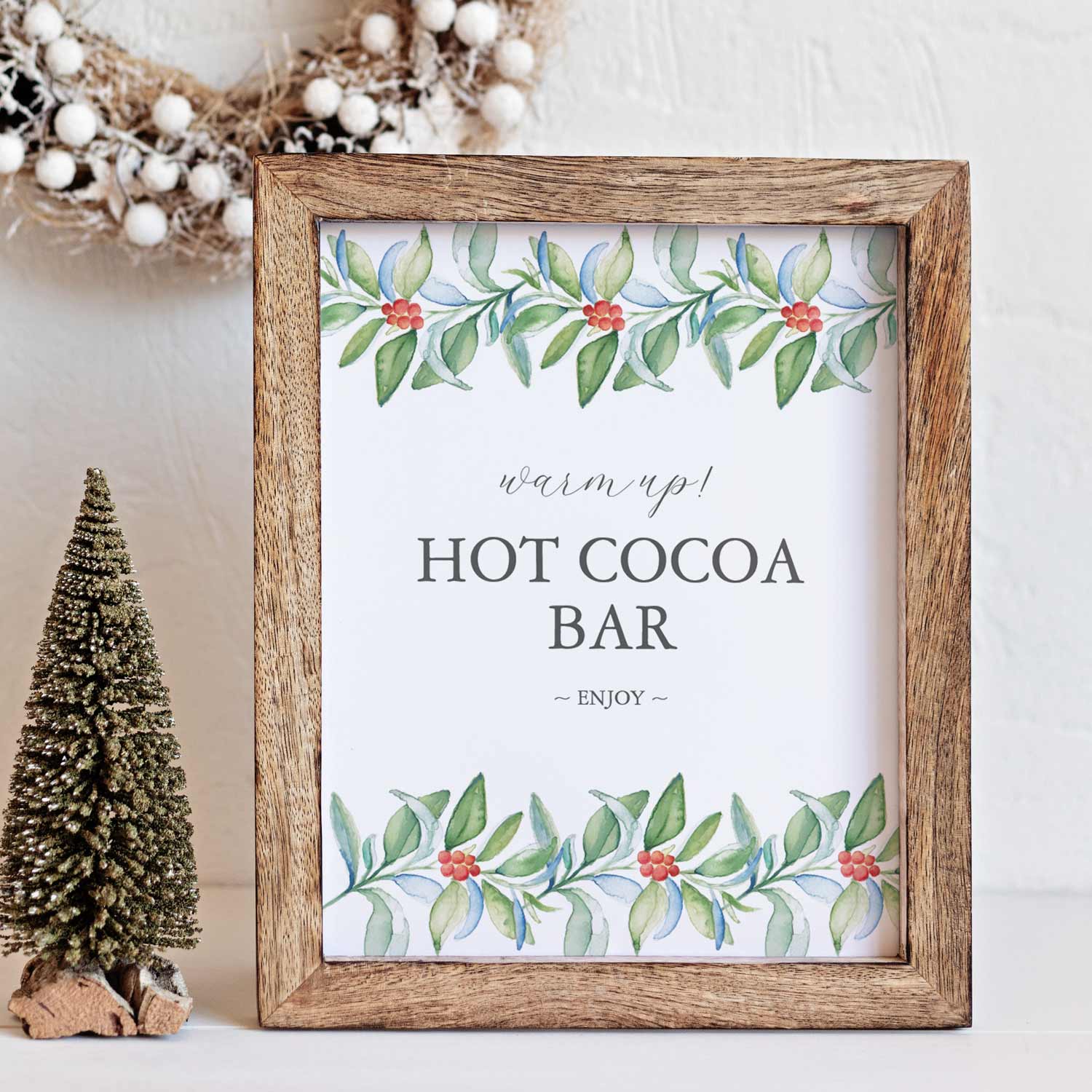 hot cocoa bar sign features unique watercolor art by Victoria Grigaliunas of Do Tell A Belle