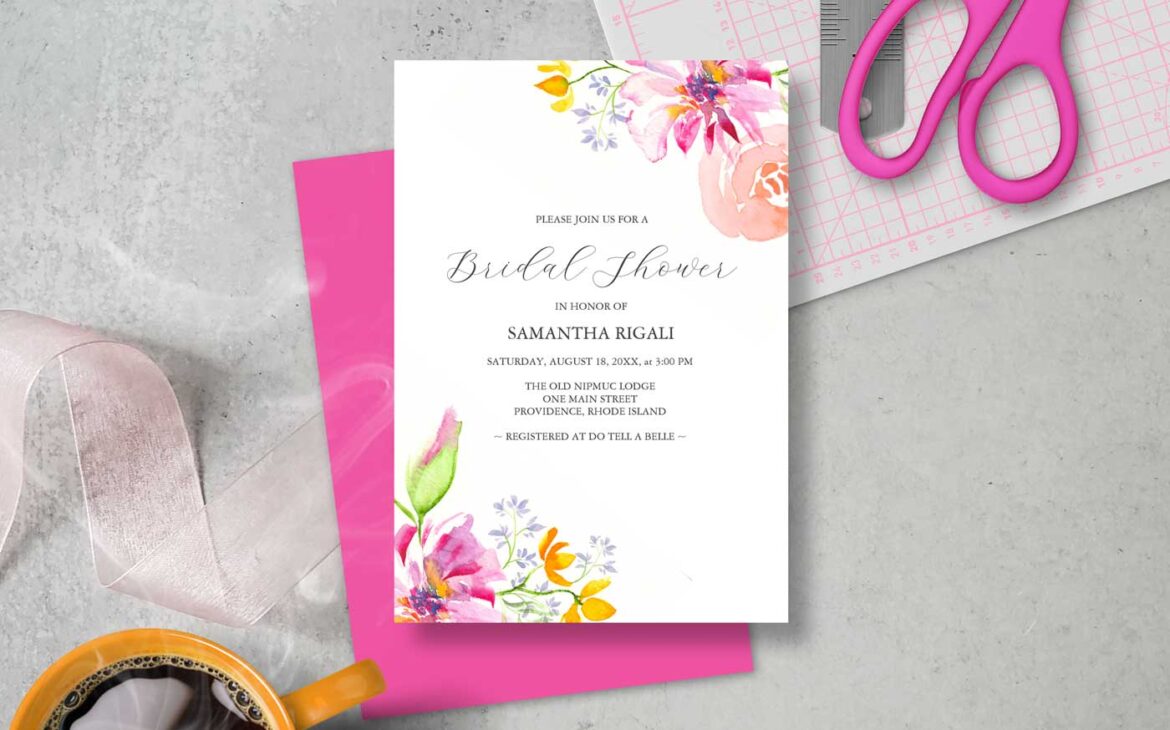 Make your own bridal shower invitations features pink floral watercolor art by Victoria Grigaliunas of Do Tell A Belle
