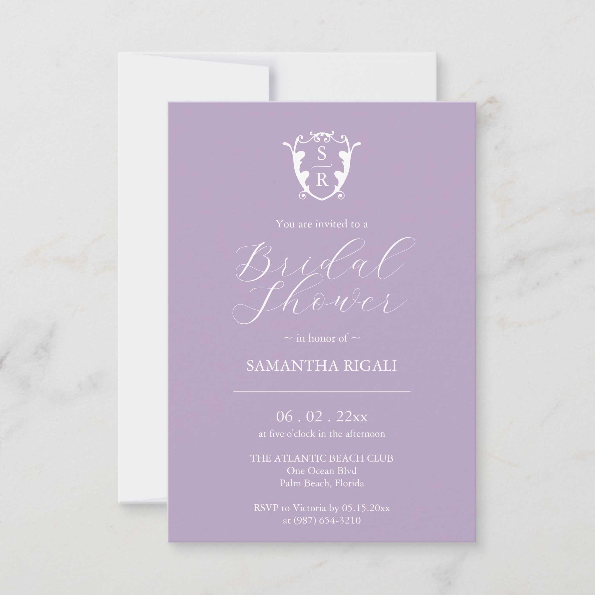 purple bridal shower invitations feature monogram crest. Click to shop.