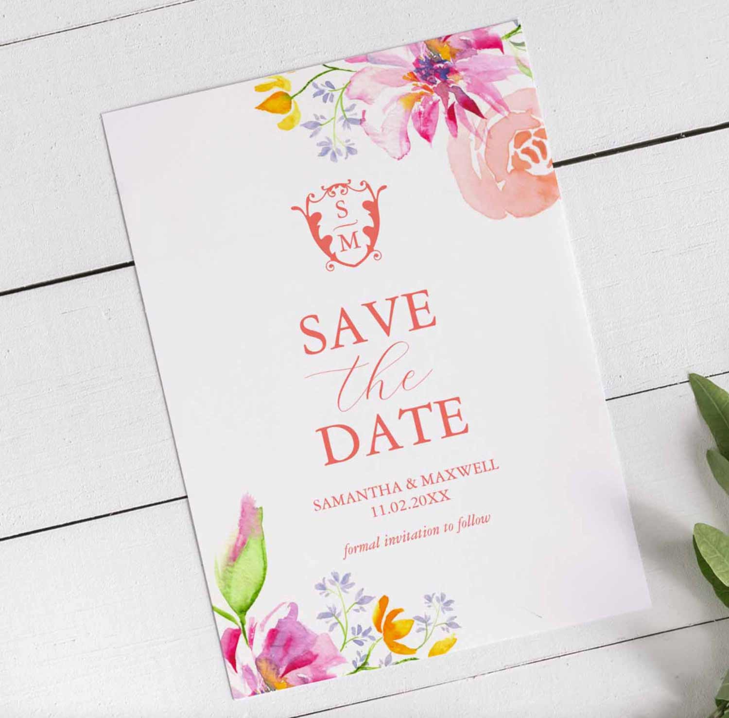 Pink and orange floral save the date invitation cards feature unique watercolor art and design by Victoria Grigaliunas. Perfect for weddings and bridal showers.