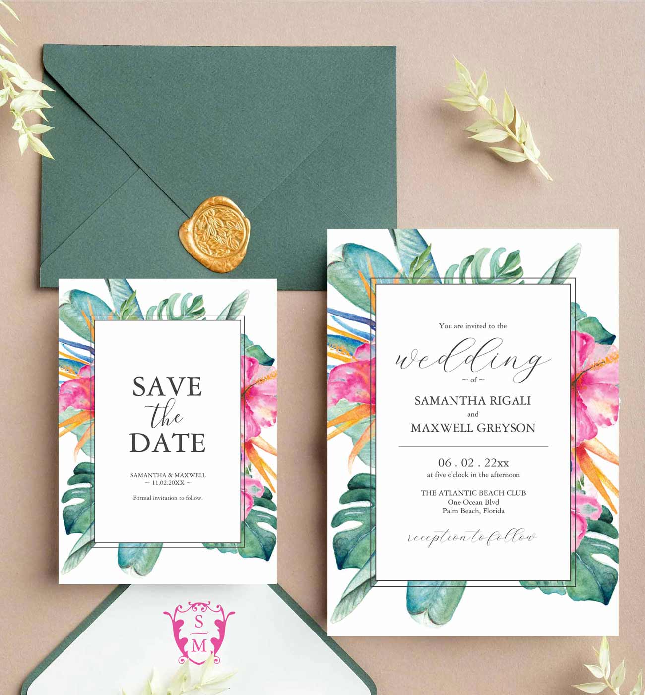 Tropical destination wedding invitation theme features unique watercolor pink and orange flowers with palm leaves. Click to see the full wedding stationery theme.