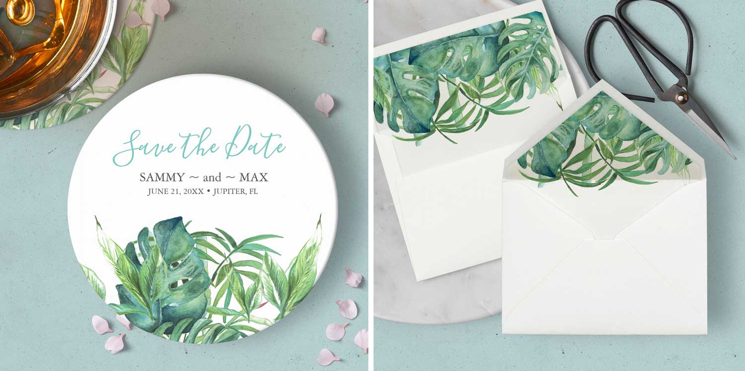 Tropical wedding save the date invitation and matching envelope liner. Click to see the full wedding stationery theme by Victoria Grigaliunas of Do Tell A Belle