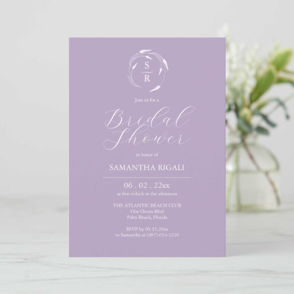 purple bridal shower invitations feature unique lavender line art by Victoria Grigaliunas of Do Tell A Belle. Click to shop.
