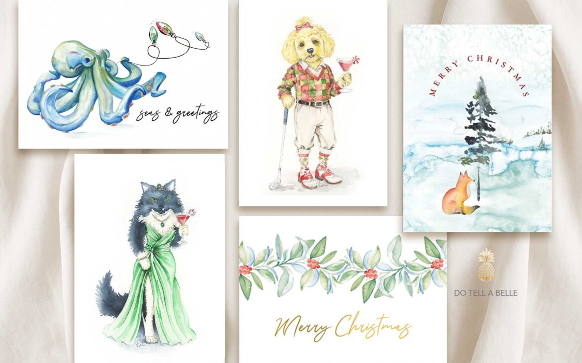 Watercolor Christmas cards features a flat lay of assorted xmas cards with hand painted art by small business owner Victoria of Do Tell A Belle.