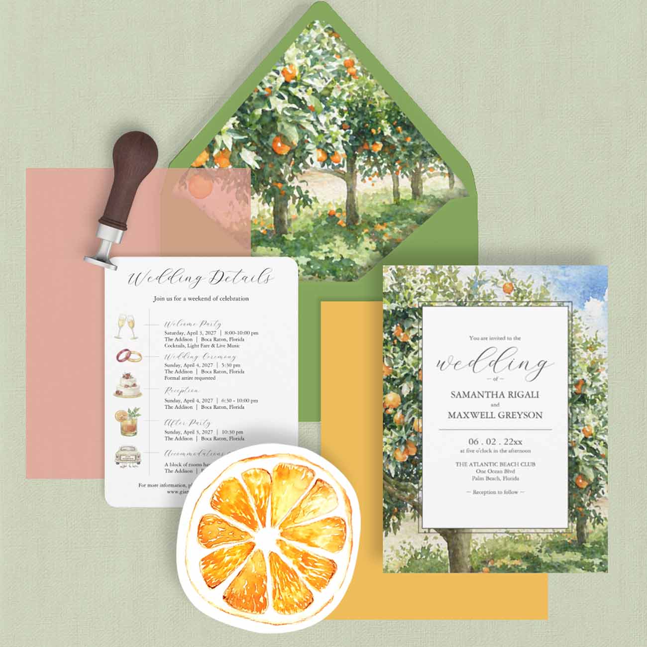custom watercolor wedding invitation suite orange grove citrus wedding invitations Florida green and orange palette die cut orange details card