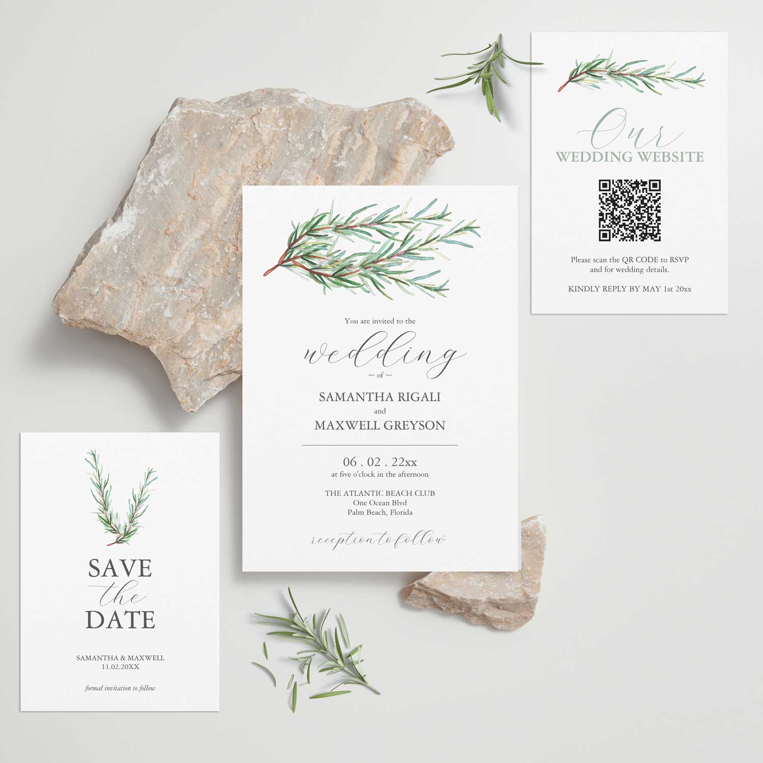 Wedding Invitation Ideas watercolor rosemary art and design by Victoria Grigaliunas of Do Tell A Belle