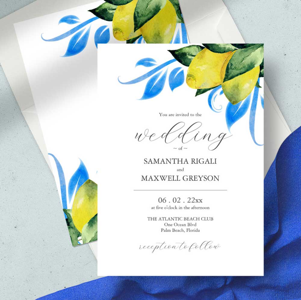 Wedding invitations yellow lemons with blue. click to shop