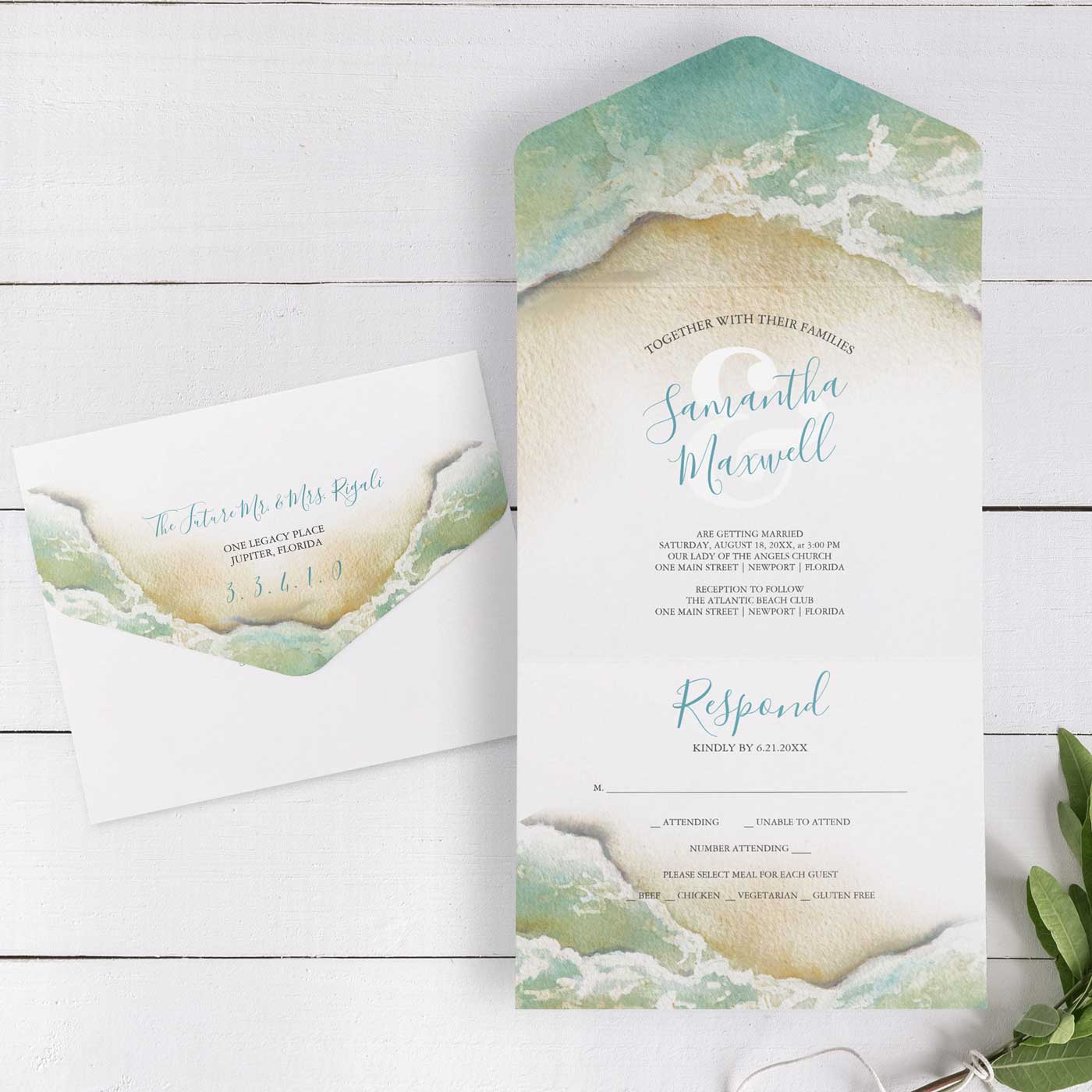 wedding invitations with rsvp cards feature unique watercolor shoreline art by Victoria Grigaliunas of Do Tell A Belle