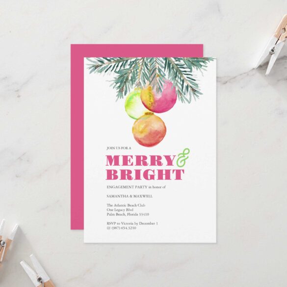 Winter engagement party invitations feature unique festive holiday watercolor art by Victoria Grigaliunas