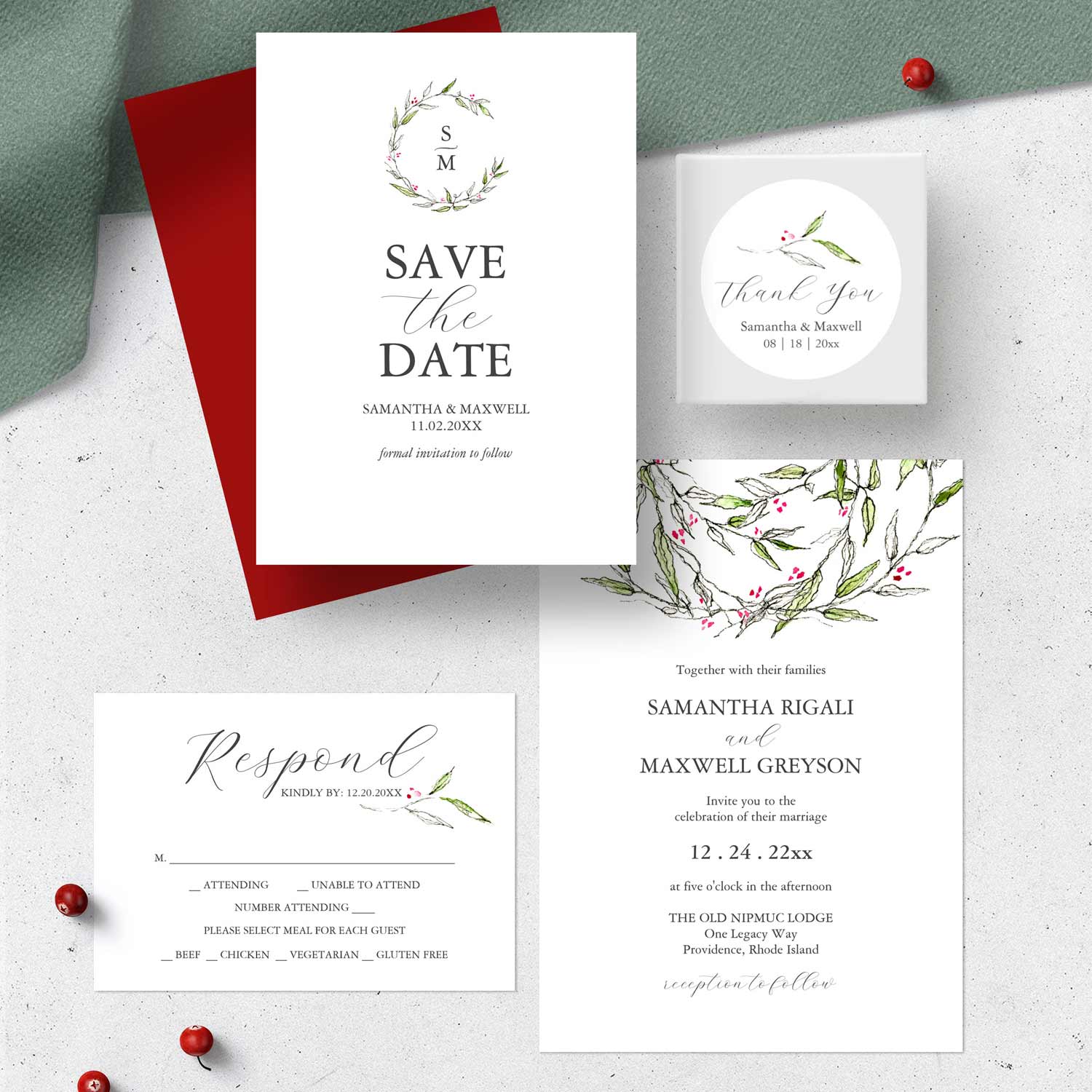 Christmas wedding invitation suites are designed using unique watercolor and ink art by Victoria Grigaliunas of Do Tell A Belle. Tap the image to explore more.