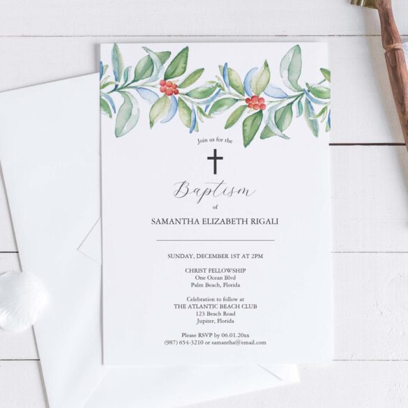 Baptism invitations feature unique Christmas greenery watercolor art by Victoria Grigaliunas of Do Tell A Belle. Click to shop.