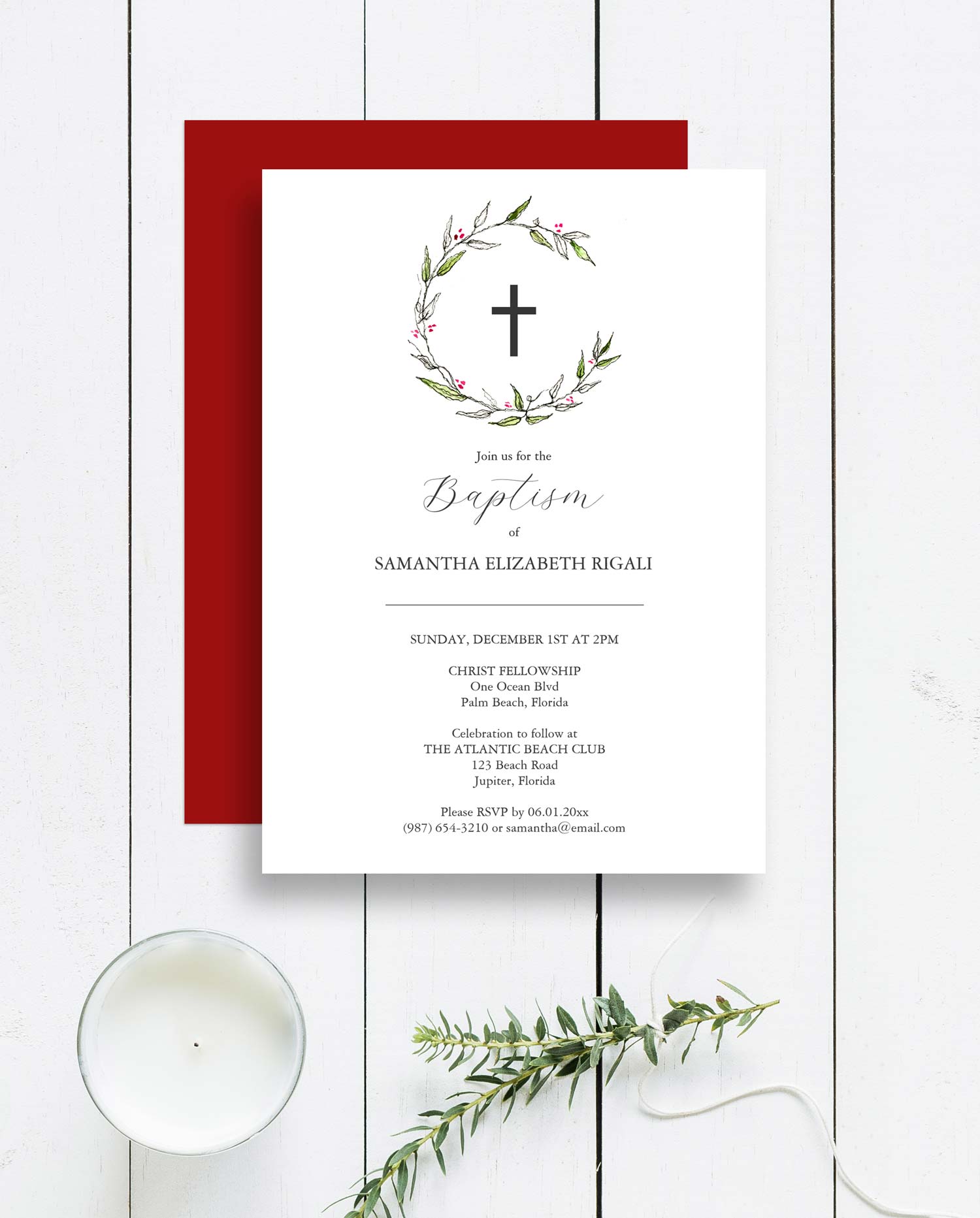 Baptism invitations feature unique watercolor and line art by Victoria Grigaliunas of Do Tell A Belle. Click to shop.