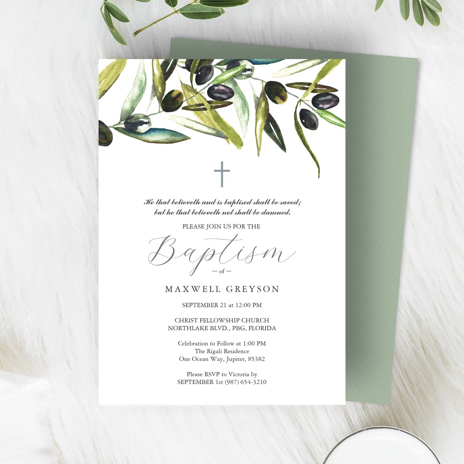 Baptism invitations feature unique watercolor olive branch art by Victoria Grigaliunas. Click to shop.