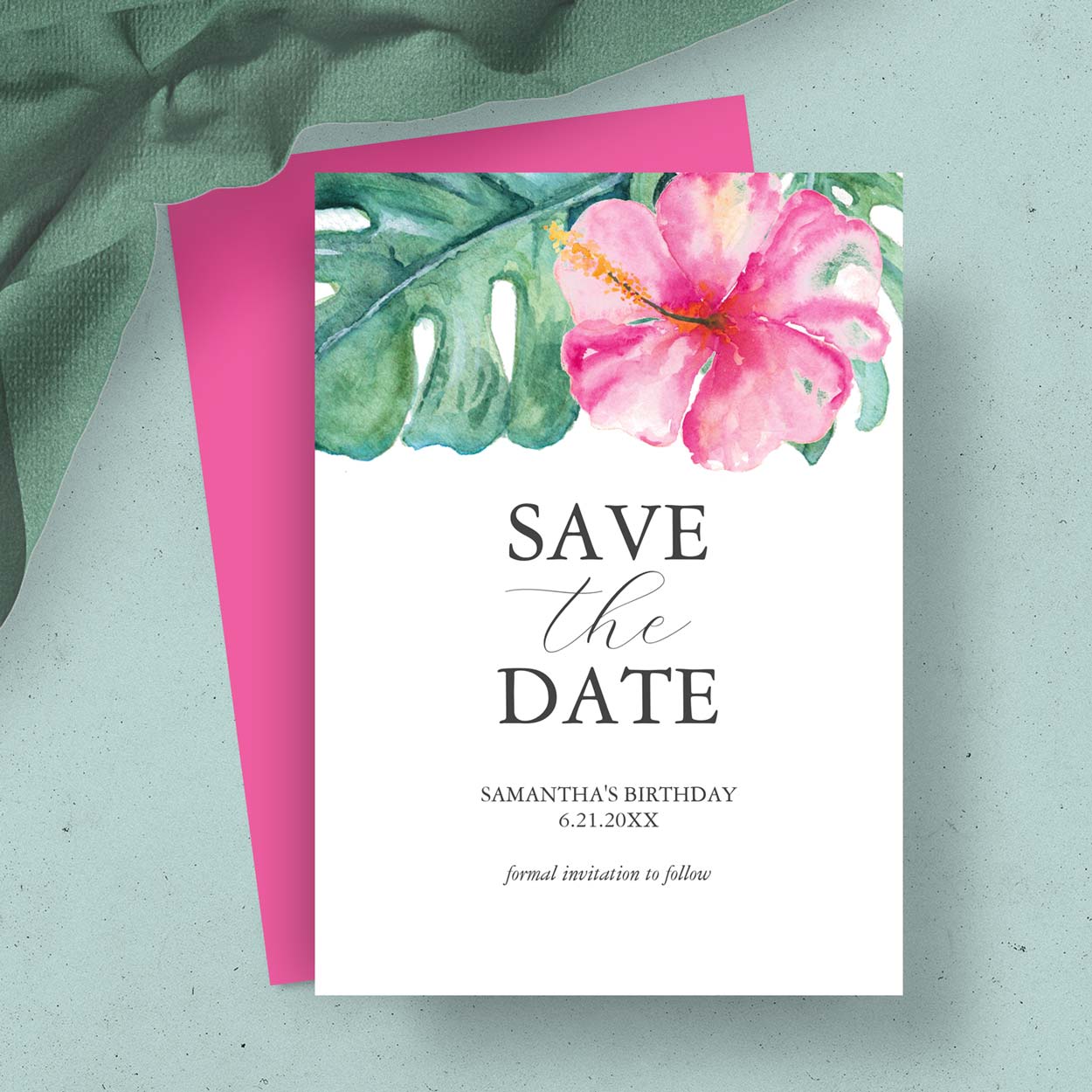 destination weddings beautiful wedding announcements tropical pink hibiscus flowers and monstera palm leaves watercolor art by Victoria Grigaliunas