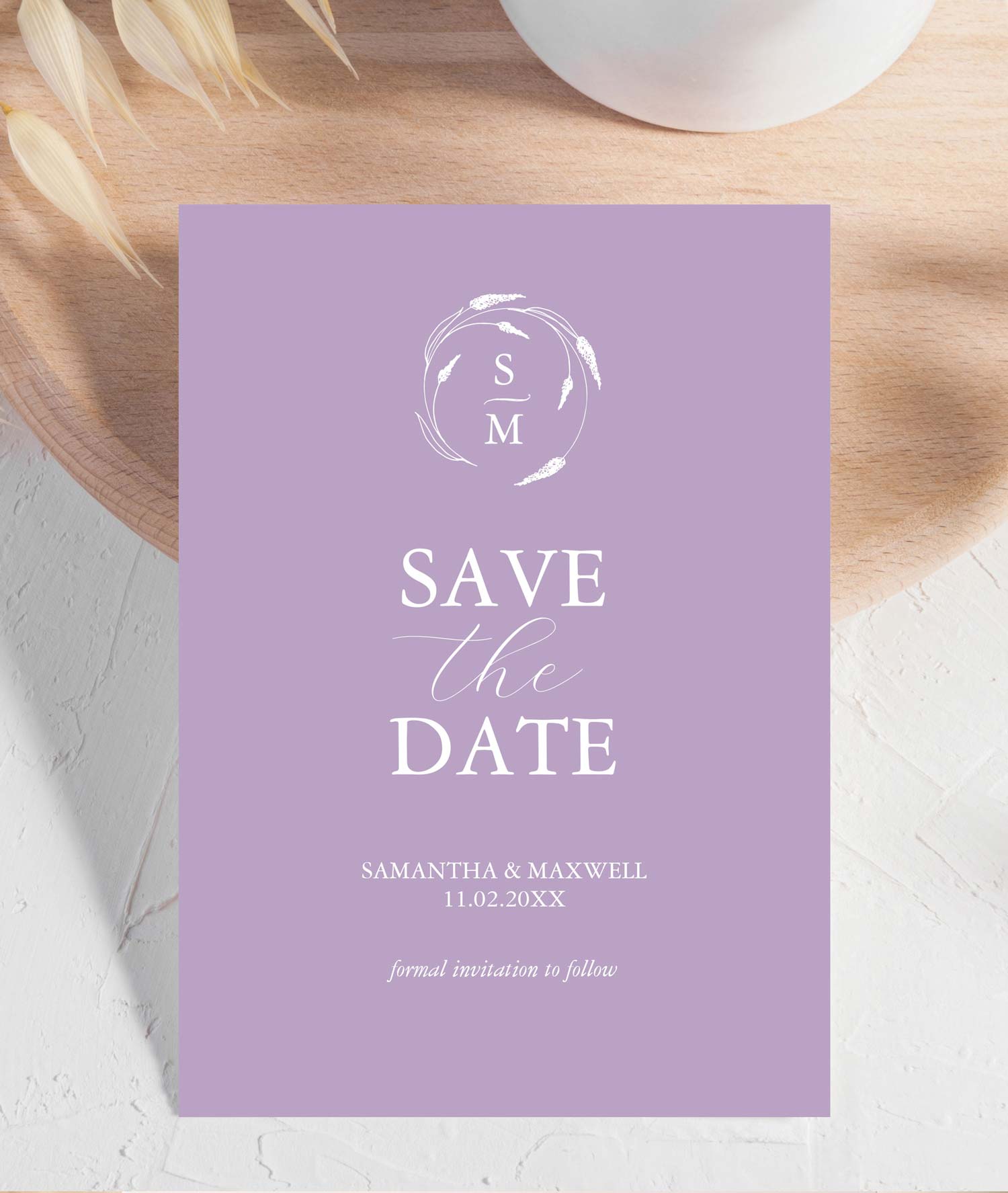 Beautiful wedding announcements feature lavender line art by Victoria Grigaliunas of Do Tell A Belle. Click to shop this save the date card. 
