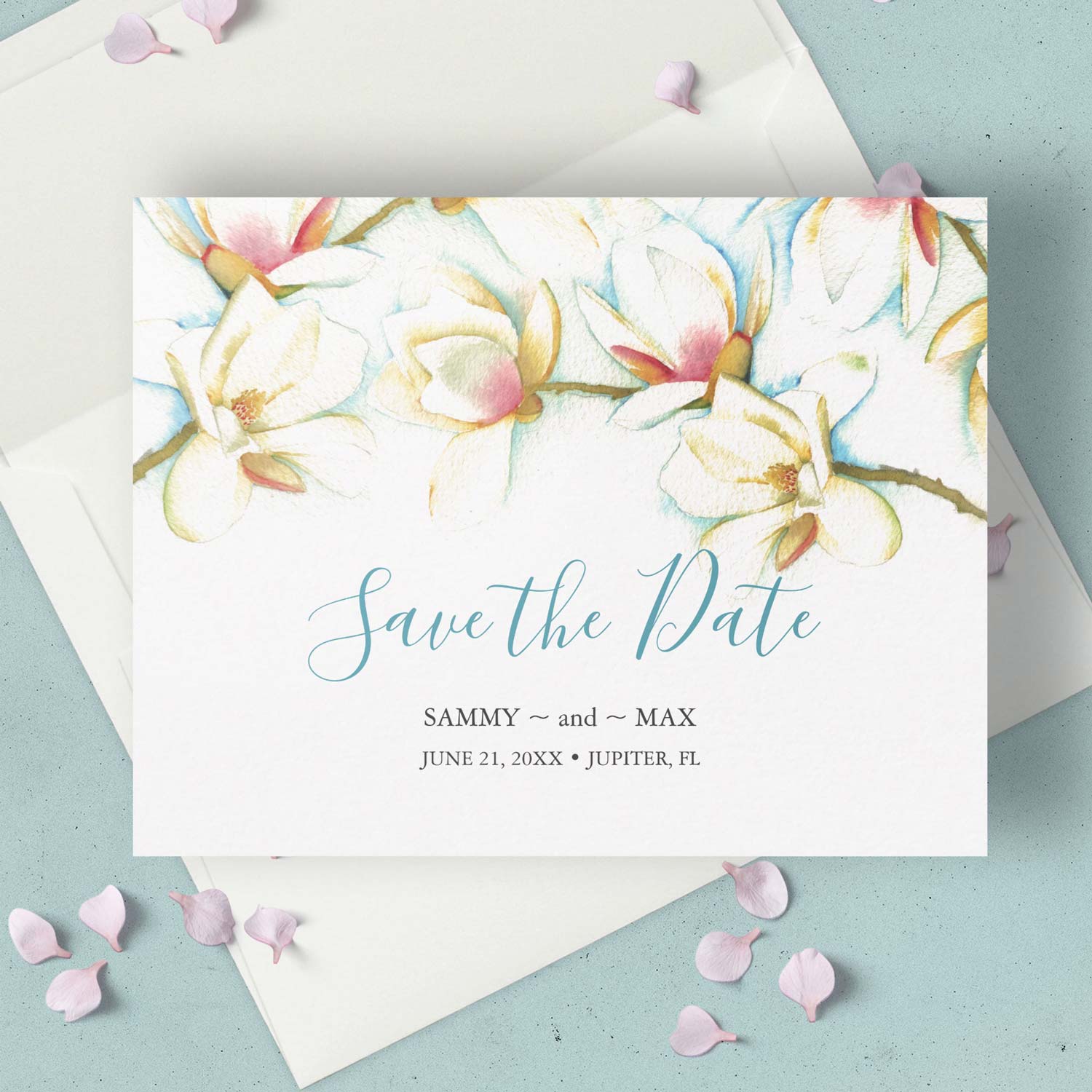 Beautiful wedding announcements feature watercolor white flowers art by Victoria Grigaliunas of Do Tell A Belle. Click to shop this save the date.