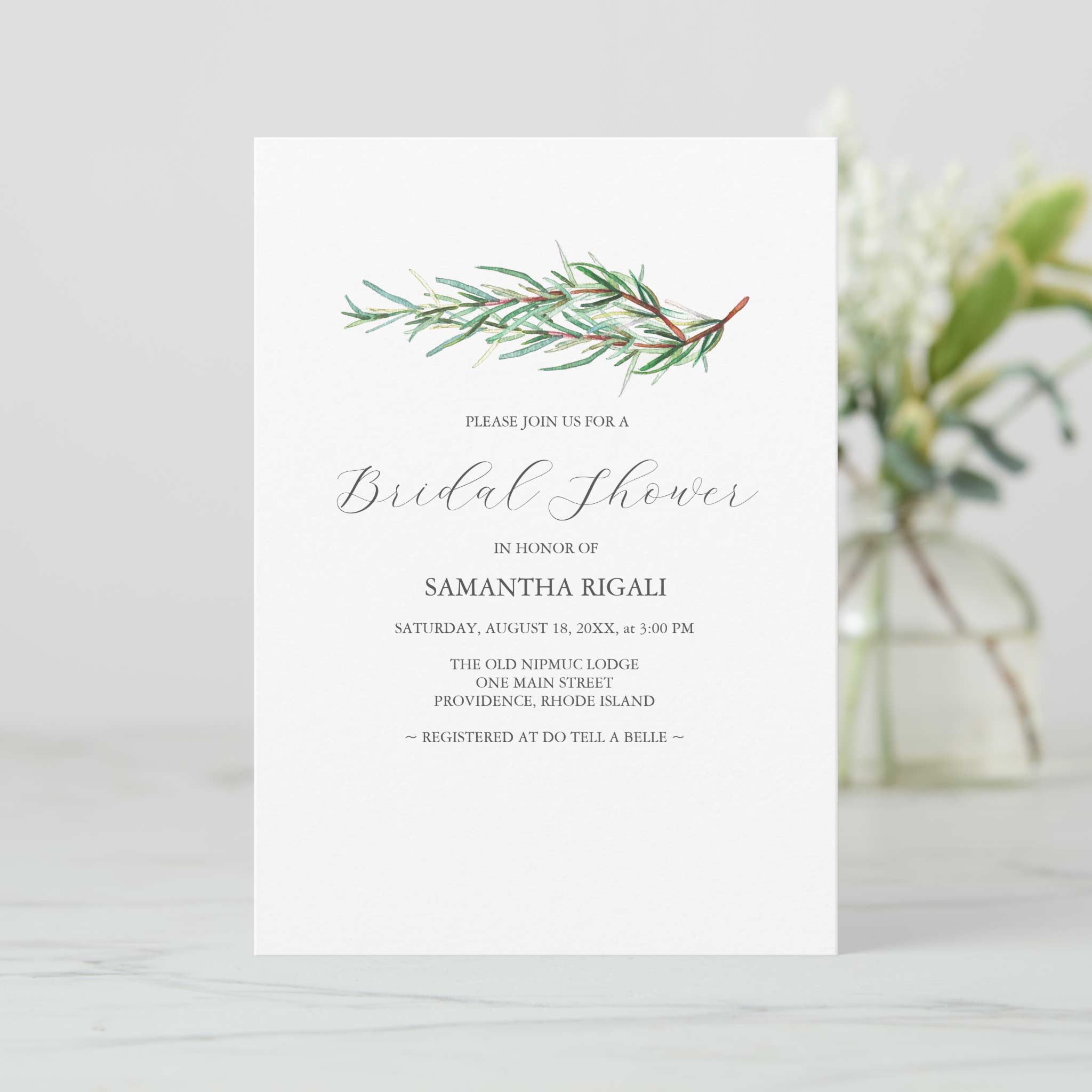 Bridal shower invitations feature rustic watercolor rosemary art. Click to shop.