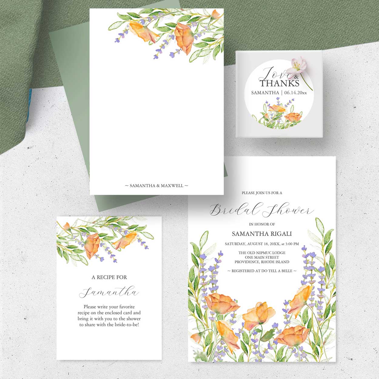 Bridal shower invitations feature unique watercolor floral art by Victoria Grigaliunas of Do Tell A Belle. Click to shop.