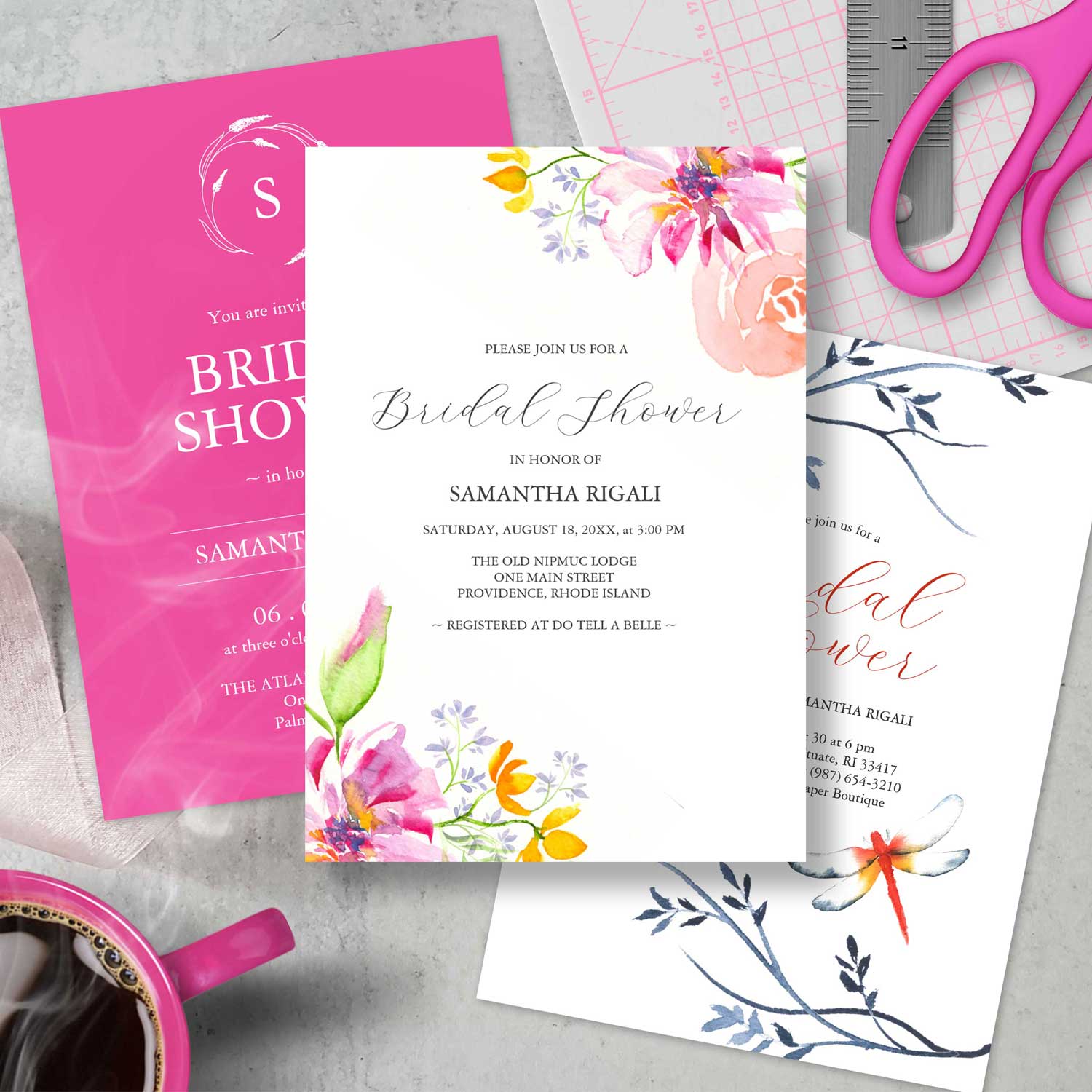Assorted bridal shower invitations feature unique art by Victoria Grigaliunas of Do Tell A Belle.
