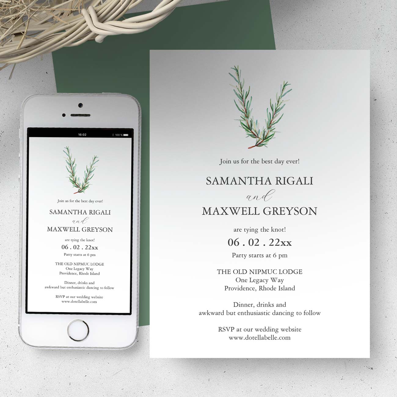 Casual wedding invitation wording features unique watercolor rustic botanical art by Victoria Grigaliunas of Do Tell A Belle