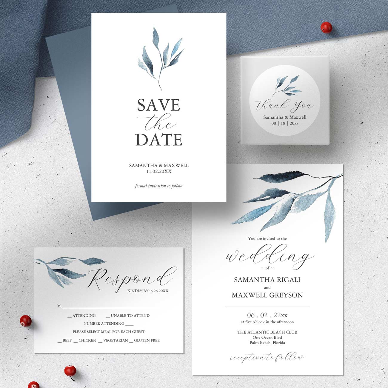 Dusty blue wedding invitation and stationery theme features unique watercolor botanical art by Victoria Grigaliunas. Click to shop the line.