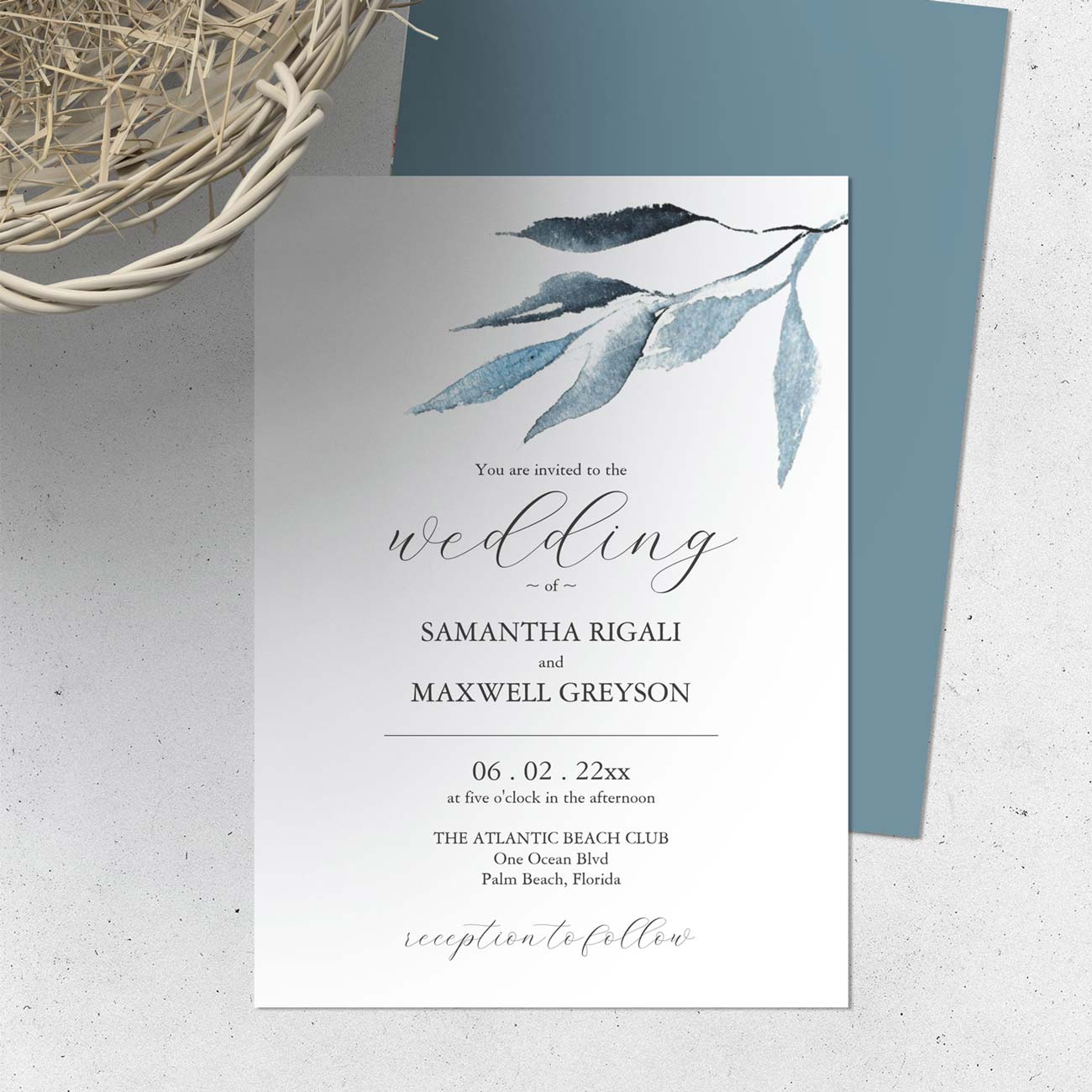 Dusty blue wedding invitations feature minimalistic watercolor botanical art by Victoria Grigaliunas. Click to shop this invite. 