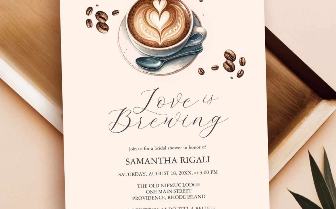 Click the image to shop the Love Is Brewing coffee themed bridal shower invitations,