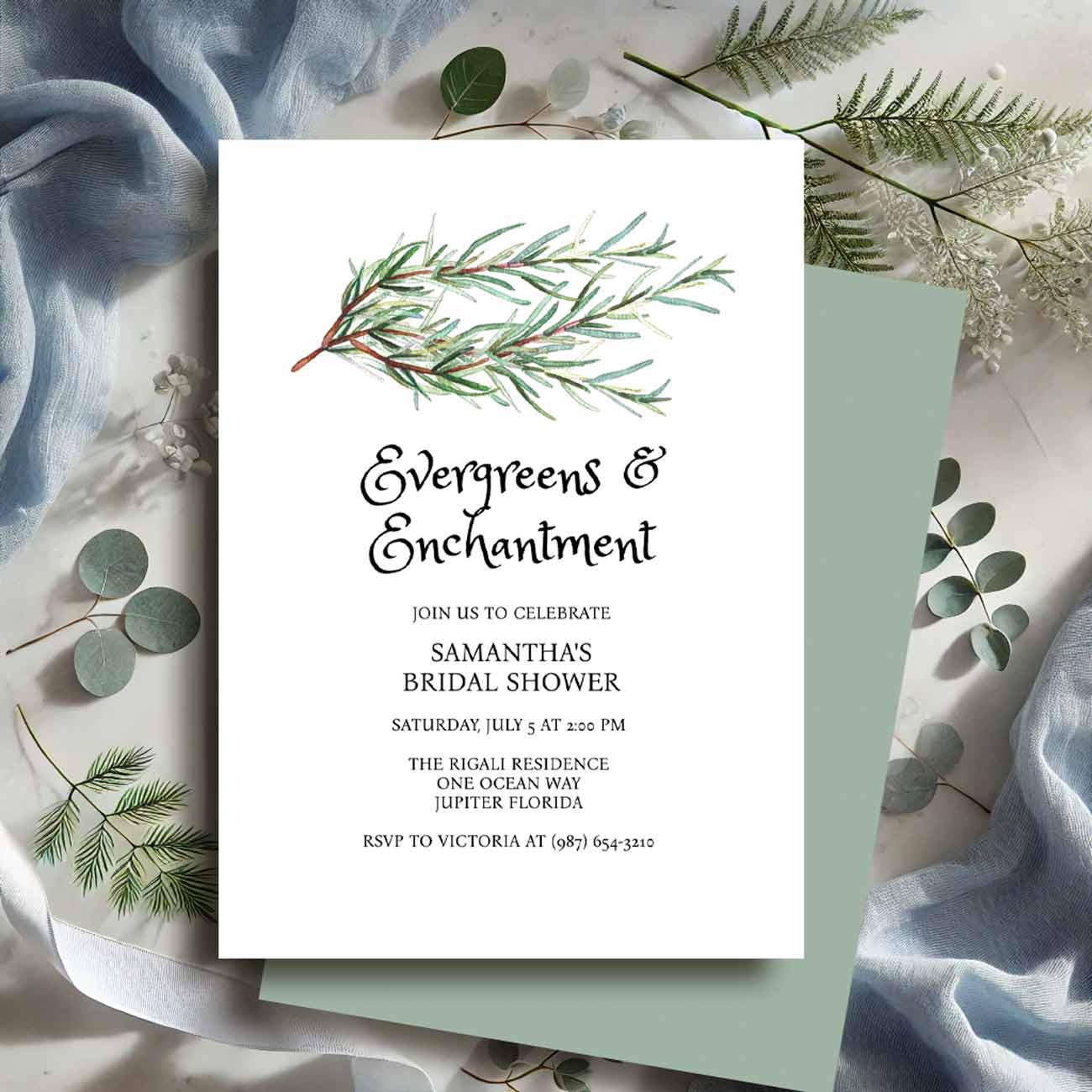 Printable green winter bridal shower invitations template by Do Tell A Belle a woman owned small business.