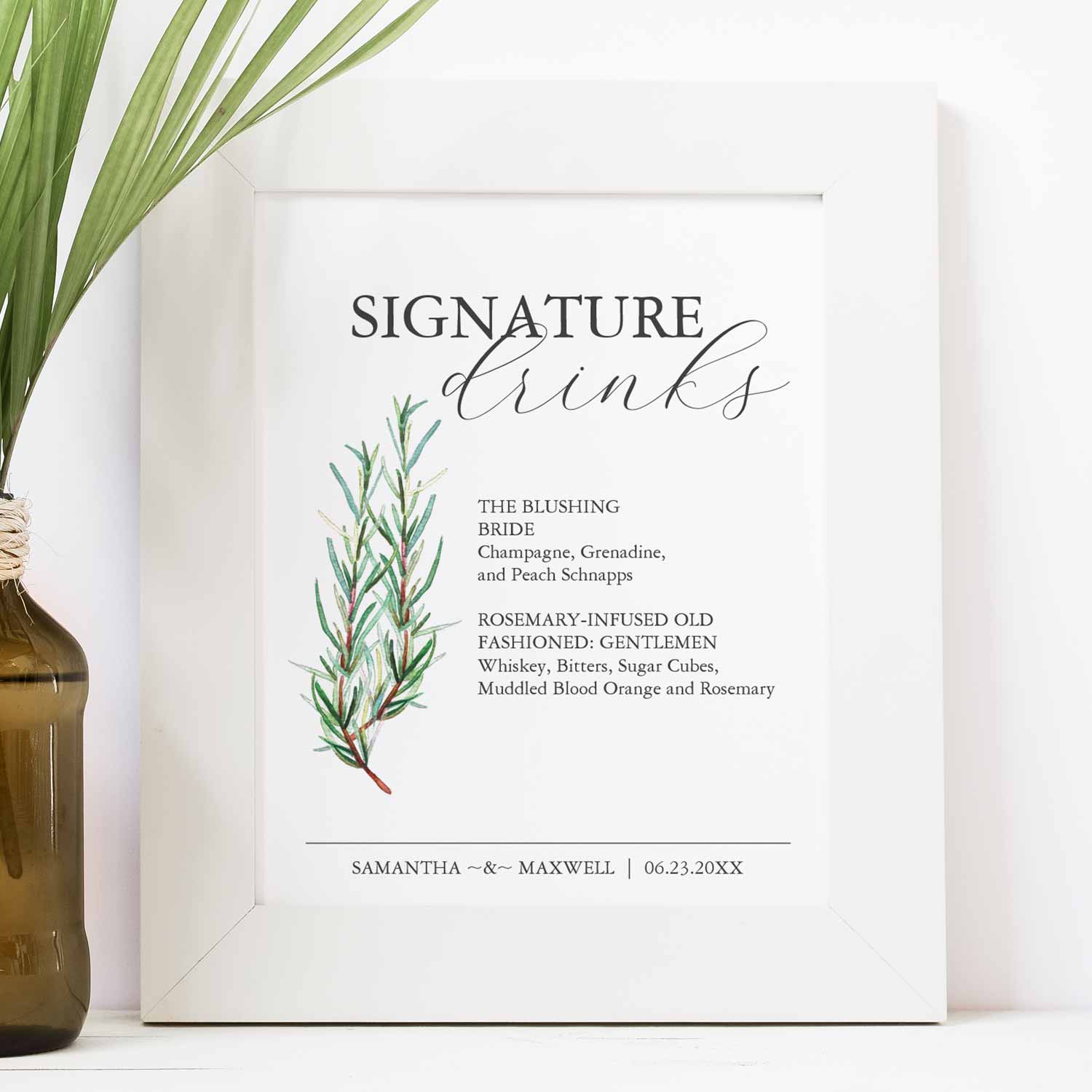 Rustic wedding theme features a signature cocktail sign with a sprig of watercolor rosemary by artist Victoria Grigaliunas. Tap the image to shop.