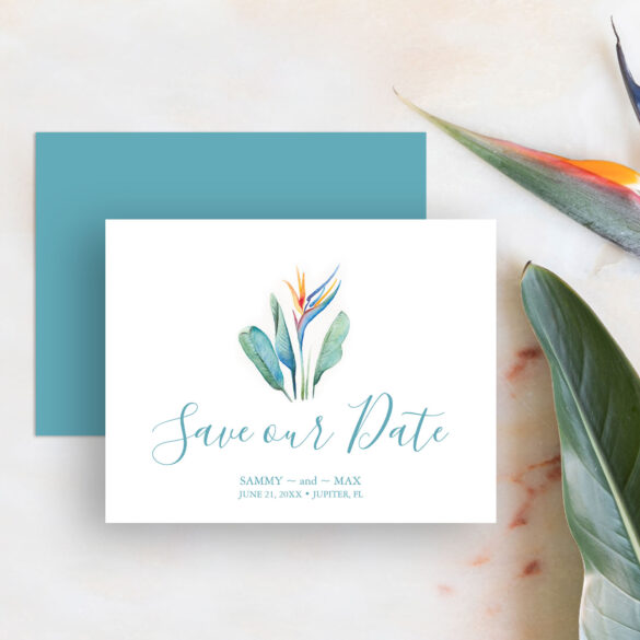 Save the date tropical destination wedding bird of paradise flower. Click to shop.