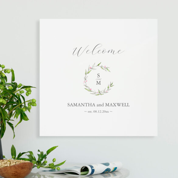 Welcome sign for porch features unique monogram art with space for personalized text. Click to shop.