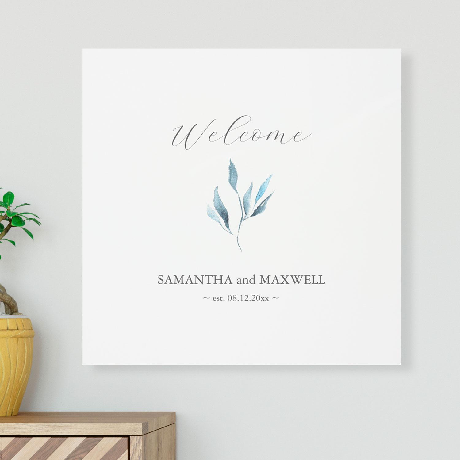 Welcome sign minimalistic botanical design. Click to shop.