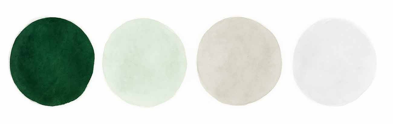 Winter bridal shower color themes palette in watercolor shades of hunter green, pale green, beige and silver,grey or white.