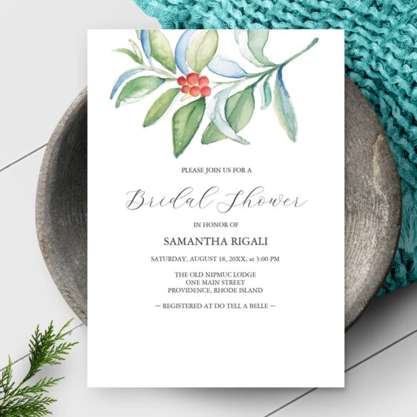 Winter bridal shower theme features watercolor invitations with unique art by Victoria Grigaliunas of Do Tell A Belle. Tap the image to shop.