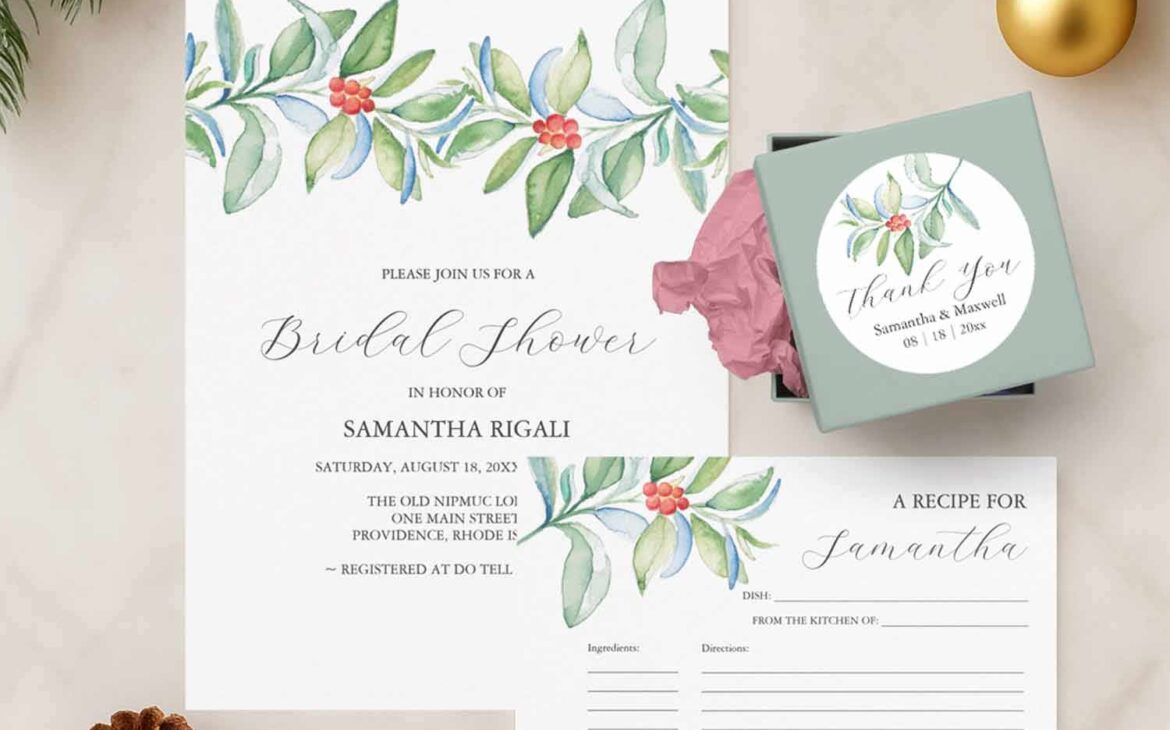Elegant winter bridal shower invitation suite featuring white paper, green watercolor botanicals, and red berries — perfect for a winter bridal shower theme with gold accents.