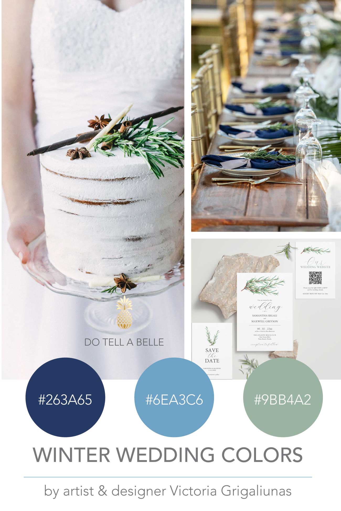 Winter wedding color palette blue and sage green