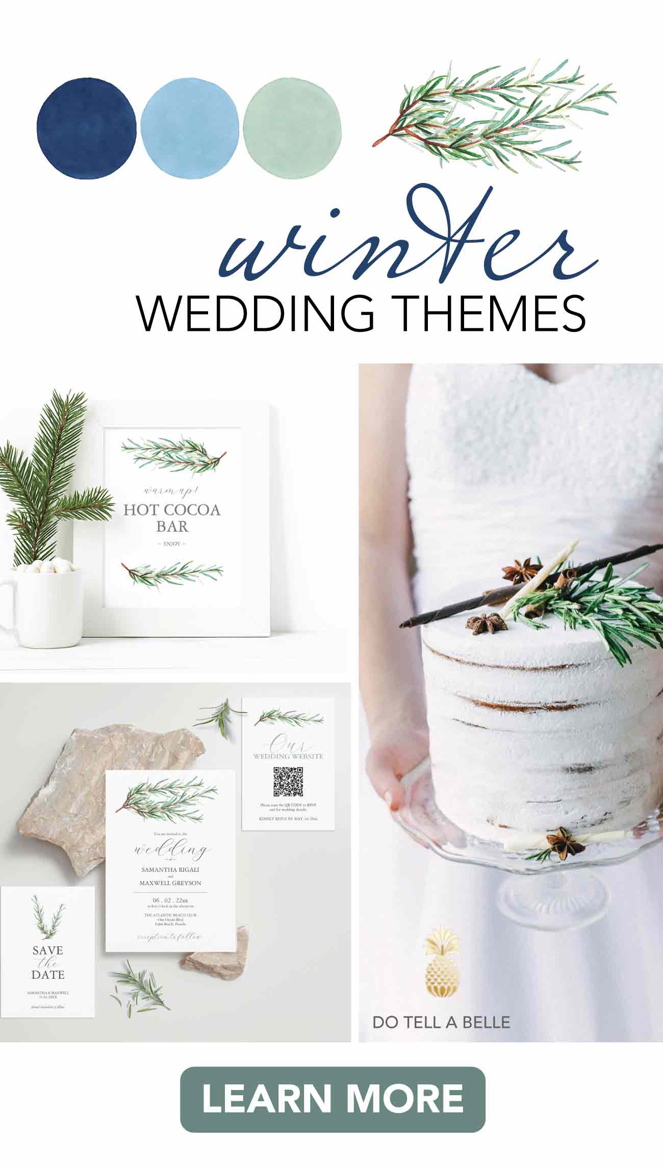 Winter wedding ideas features wedding color theme, ideas and invitation theme for a pin