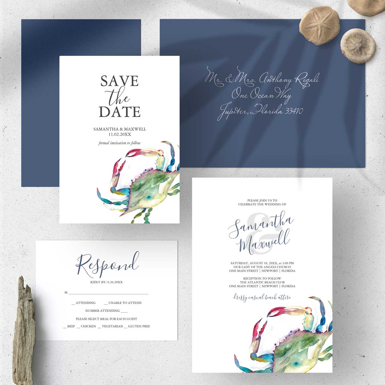 Beach wedding invitation theme features unique watercolor blue crab art by Victoria Grigaliunas of Do Tell A Belle. Tap the image to shop the complete line.
