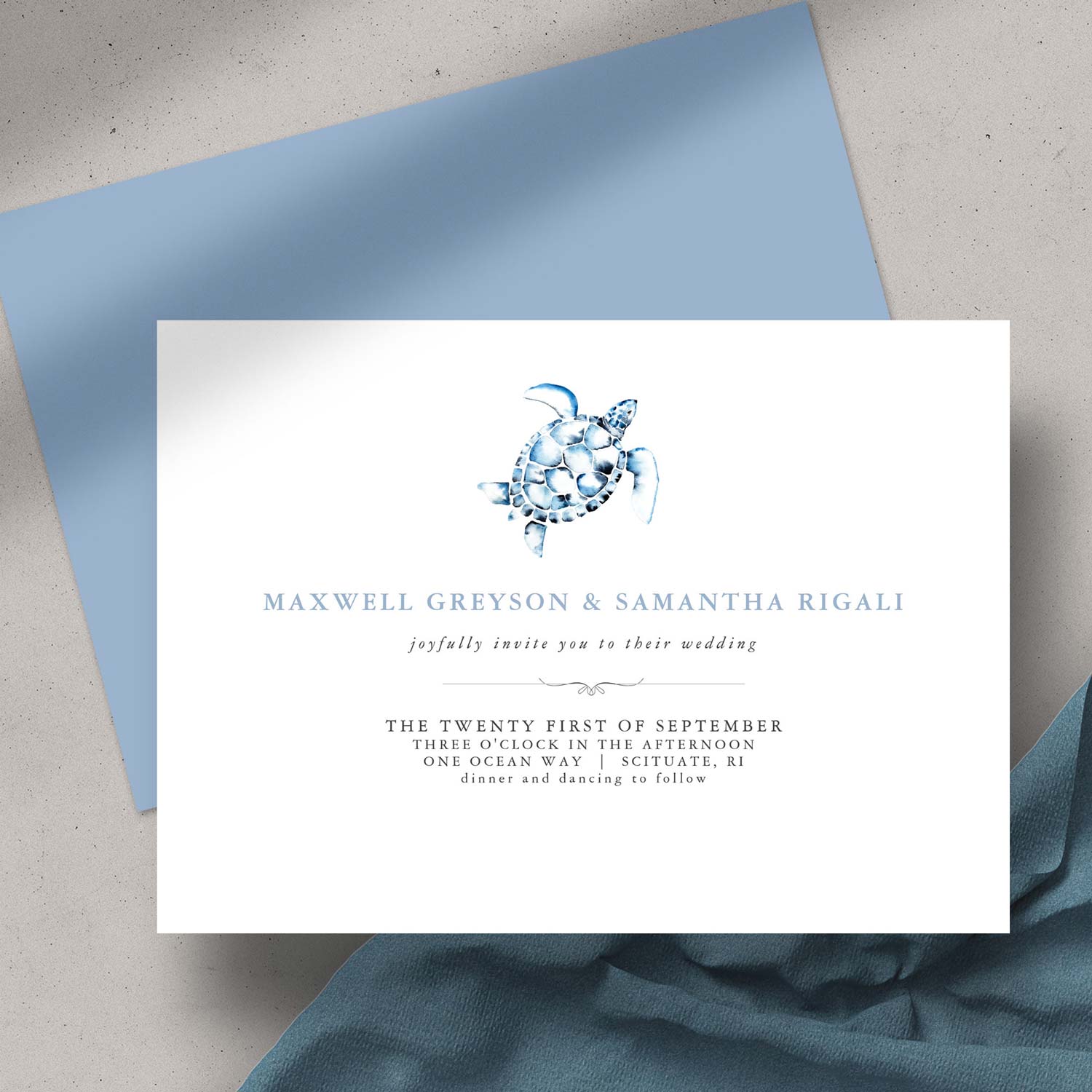 Beach wedding invitations features a minimalistic sea turtle in watercolor shades of dusty blue. Shop the complete wedding invitation theme by clicking on the image.